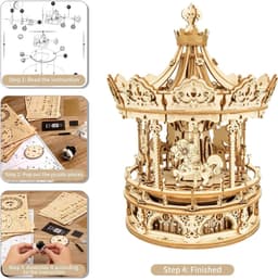image-Robotime Rokr 3D Wooden Puzzles Construction Model Kit DIY Music Box Building Kits Rotating - Romantic Carousel