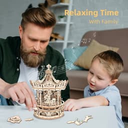 image-Robotime Rokr 3D Wooden Puzzles Construction Model Kit DIY Music Box Building Kits Rotating - Romantic Carousel