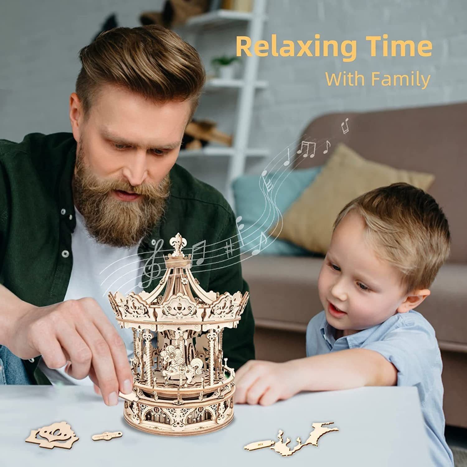 image-Robotime Rokr 3D Wooden Puzzles Construction Model Kit DIY Music Box Building Kits Rotating - Romantic Carousel