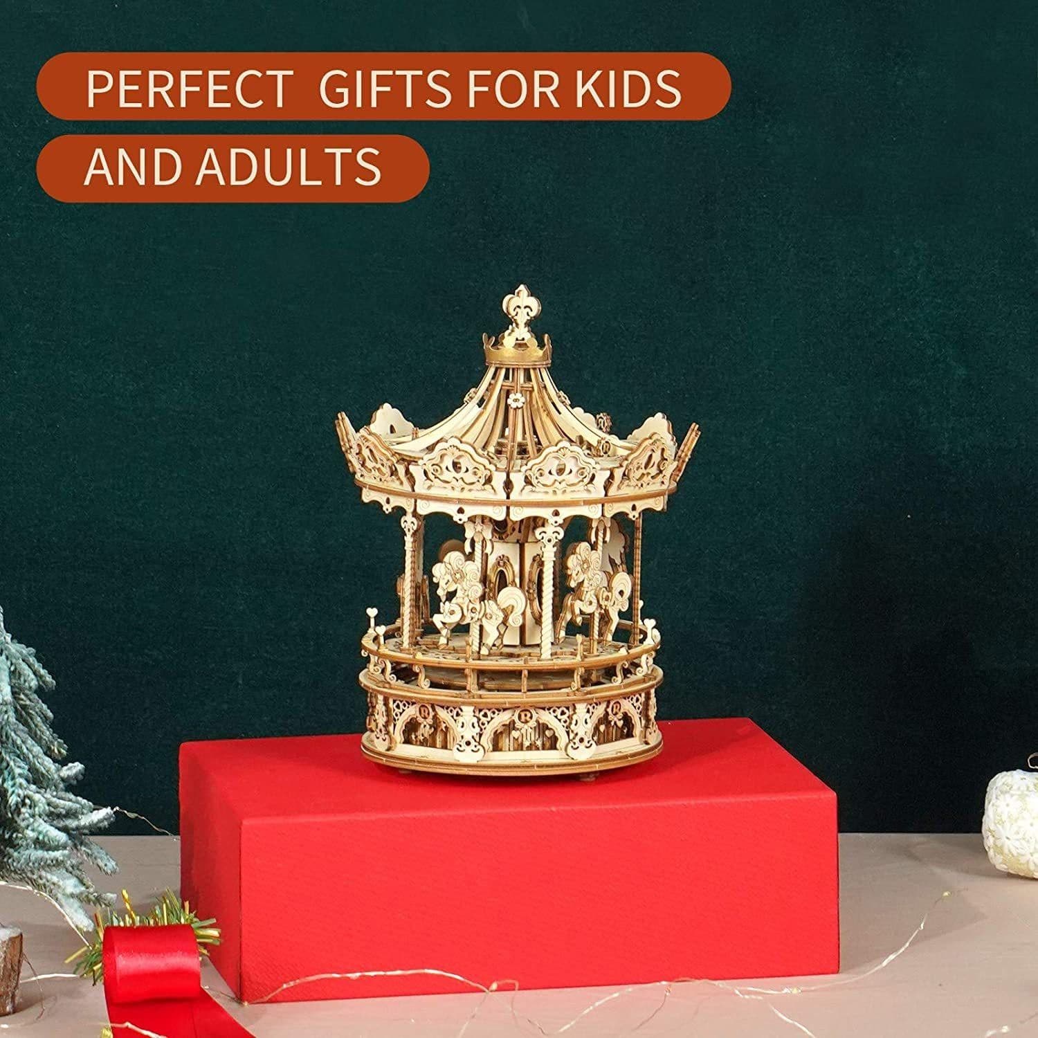 image-Robotime Rokr 3D Wooden Puzzles Construction Model Kit DIY Music Box Building Kits Rotating - Romantic Carousel