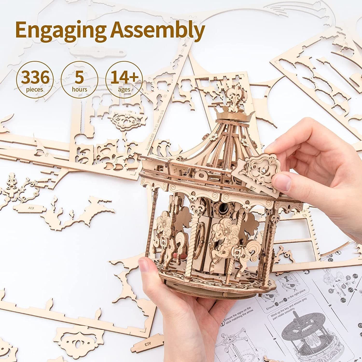image-Robotime Rokr 3D Wooden Puzzles Construction Model Kit DIY Music Box Building Kits Rotating - Romantic Carousel