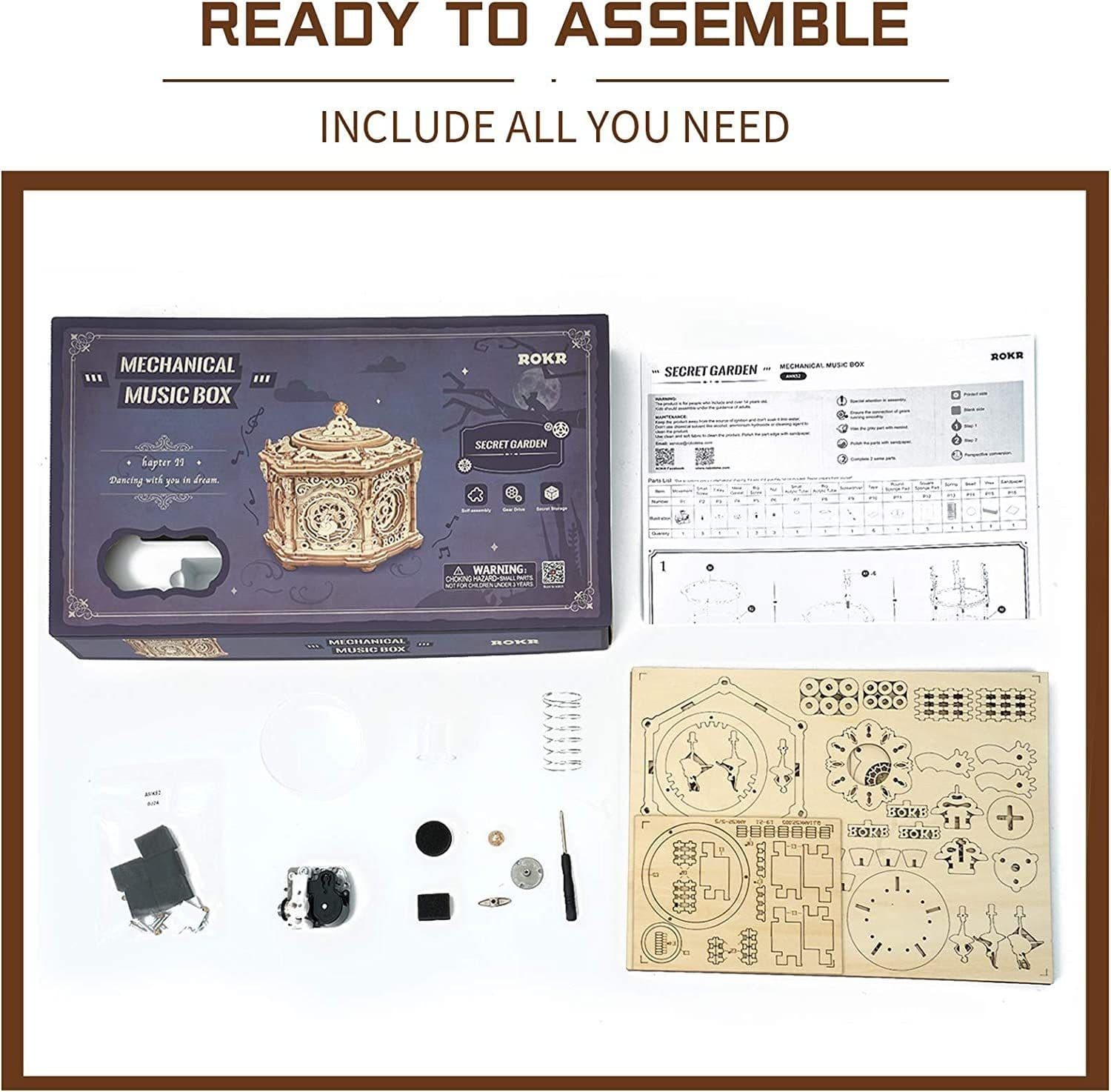 image-Robotime Rokr DIY Mechanical Music Box Kit 3D Wooden Puzzle Box For Adults Self-Assembly Building Project - Secret Garden