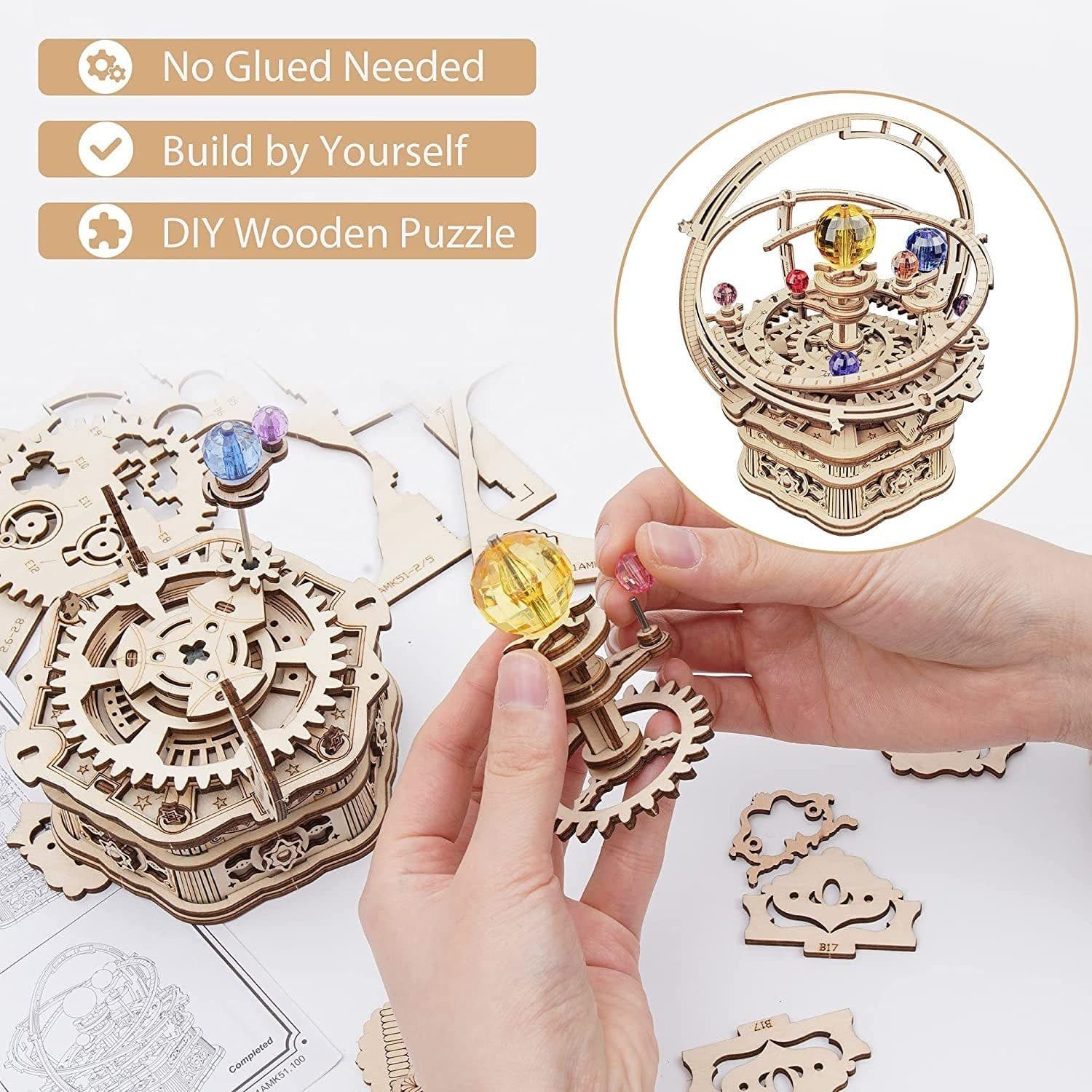 image-ROKR Rotating Starry Night Mechanical Music Box 3D Wooden Puzzle Assembly Model Building Kits Toys For Children Kids - AMK51