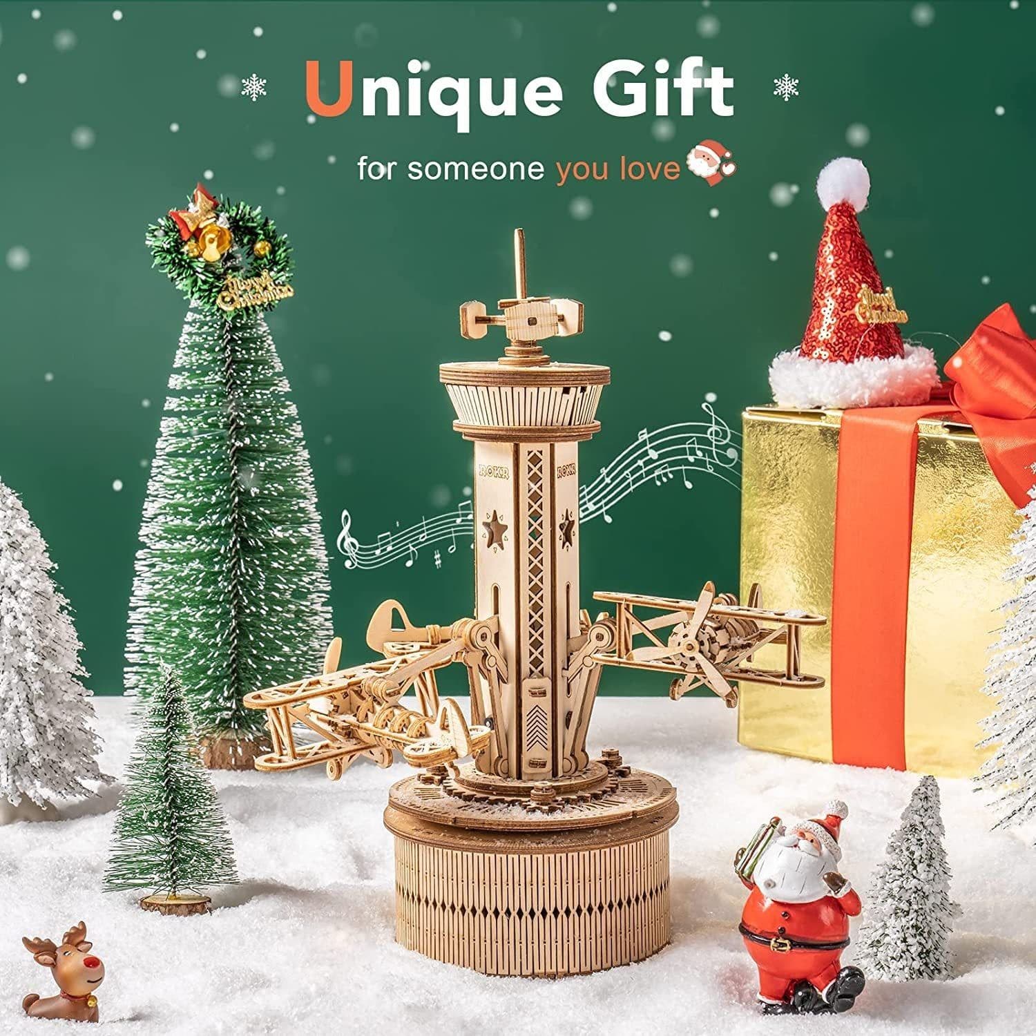 image-Robotime Rokr 3D Wooden Puzzles For Adults DIY Musical Box Model Kit To Build Self-Assembly Building Kit Airplane- Control Tower