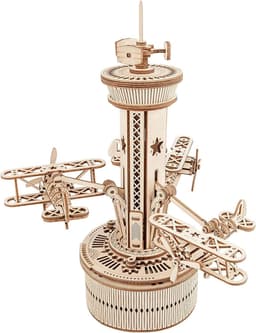 image-Robotime Rokr 3D Wooden Puzzles For Adults DIY Musical Box Model Kit To Build Self-Assembly Building Kit Airplane- Control Tower