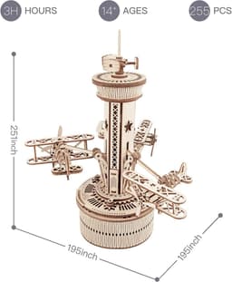 image-Robotime Rokr 3D Wooden Puzzles For Adults DIY Musical Box Model Kit To Build Self-Assembly Building Kit Airplane- Control Tower