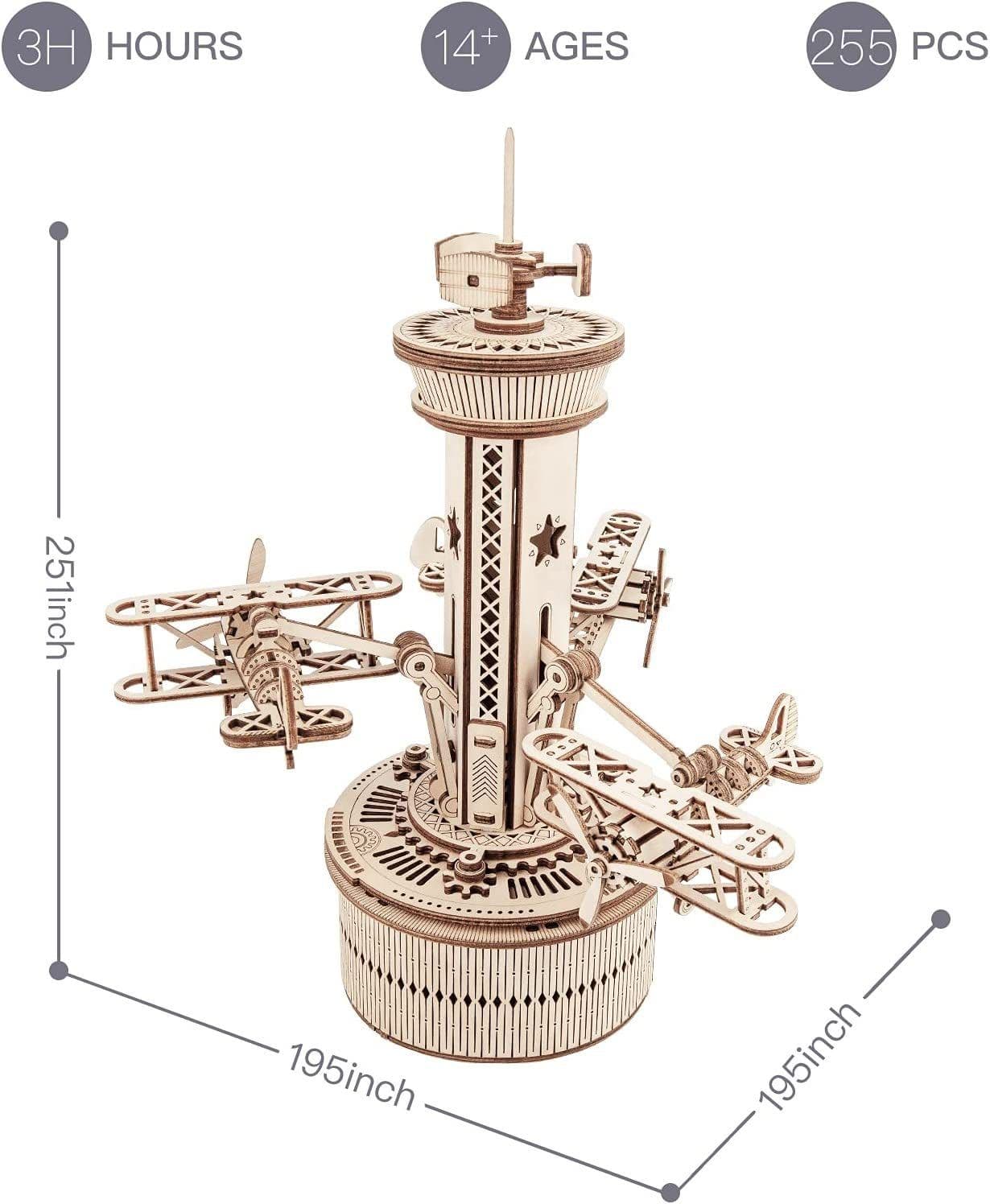 image-Robotime Rokr 3D Wooden Puzzles For Adults DIY Musical Box Model Kit To Build Self-Assembly Building Kit Airplane- Control Tower