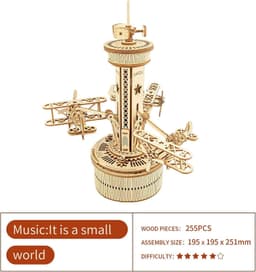 image-Robotime Rokr 3D Wooden Puzzles For Adults DIY Musical Box Model Kit To Build Self-Assembly Building Kit Airplane- Control Tower