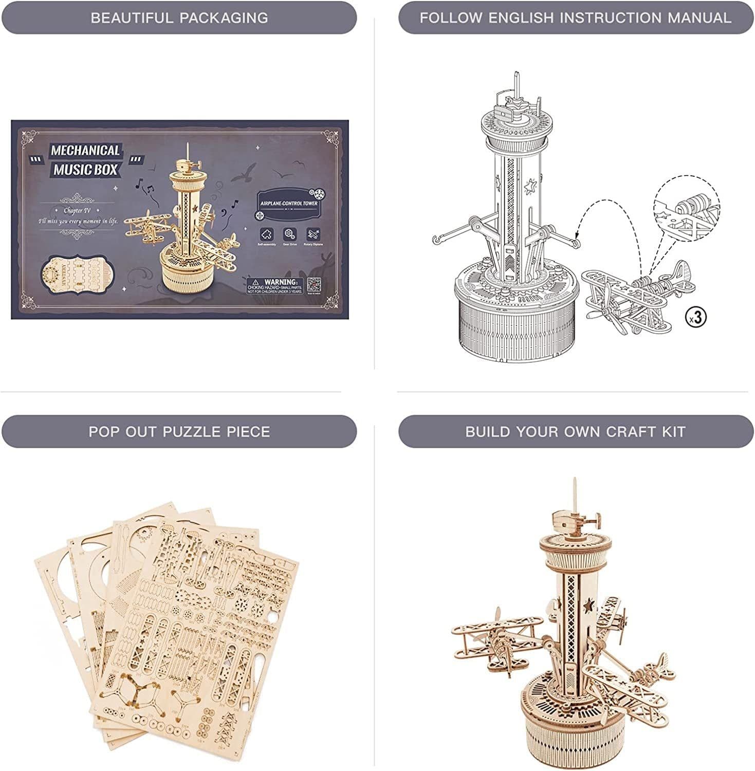 image-Robotime Rokr 3D Wooden Puzzles For Adults DIY Musical Box Model Kit To Build Self-Assembly Building Kit Airplane- Control Tower