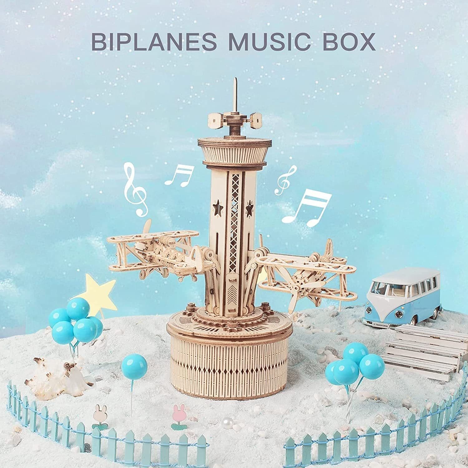 image-Robotime Rokr 3D Wooden Puzzles For Adults DIY Musical Box Model Kit To Build Self-Assembly Building Kit Airplane- Control Tower