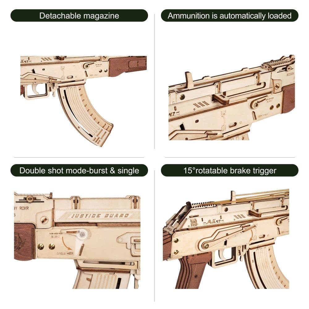 image-Rokr Automatic Rifle AK-47 Gift For Boys Wooden Puzzle Gun Double Firing Model