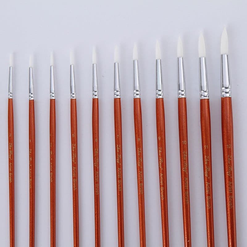 image-12Pcs Lot Round Shape Nylon Hair Wooden Handle Paint Brush Set Tool For Art School Watercolor Acrylic Painting