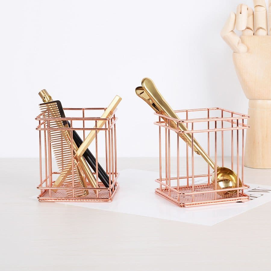 image-Iron rose gold square round pen holder sundry desktop