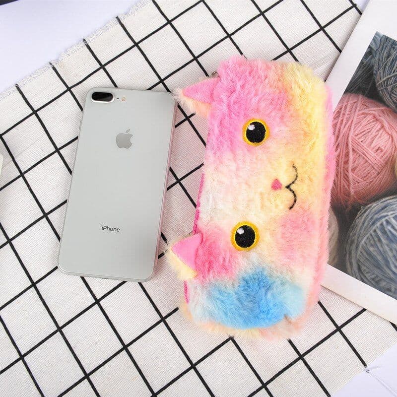 image-Laser color cat plush pencil case student stationery bag
