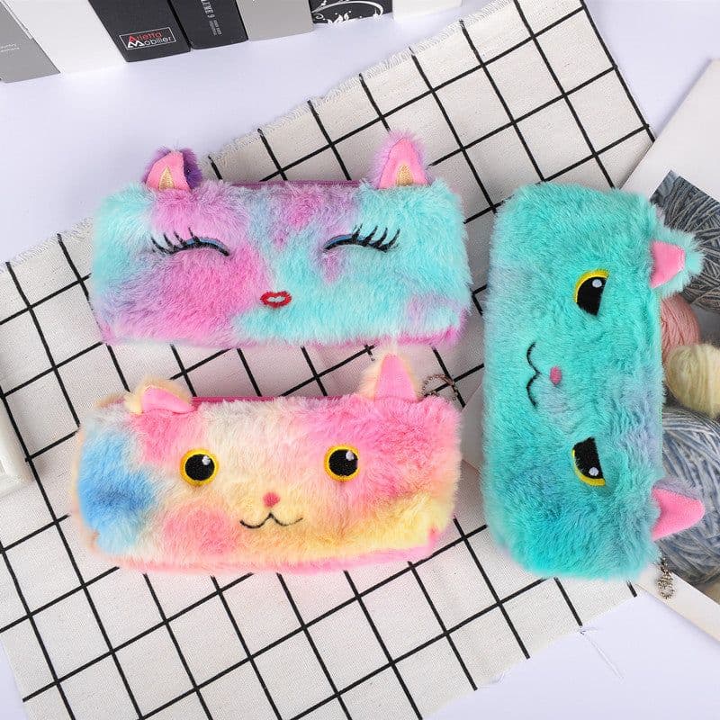 image-Laser color cat plush pencil case student stationery bag