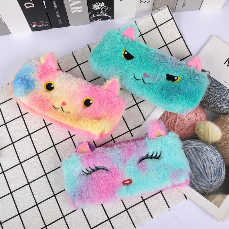image-Laser color cat plush pencil case student stationery bag