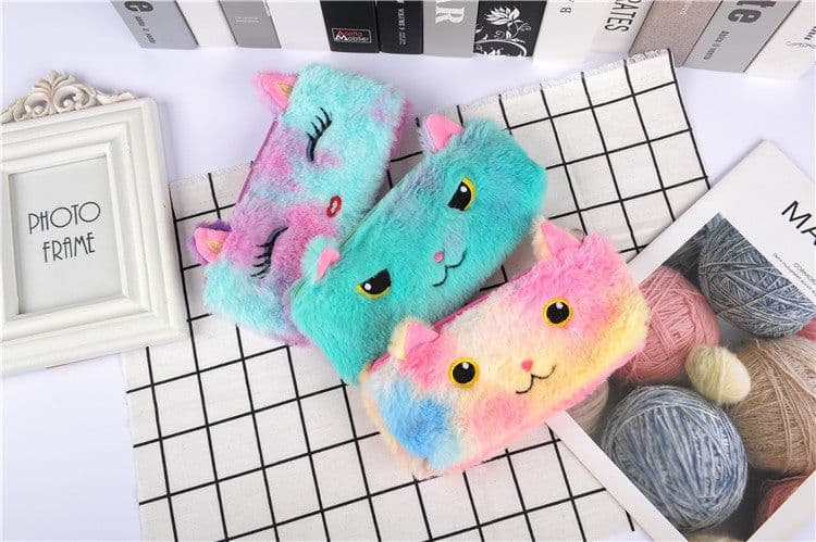 image-Laser color cat plush pencil case student stationery bag