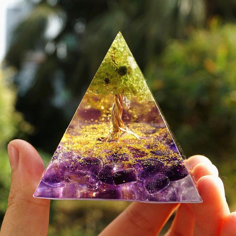 image-Natural Tiger Eye Orgonite Pyramid Healing Crystals Centerpiece Energy Generator Reiki Chakra Multiplier Orgone Amethyst Meditation