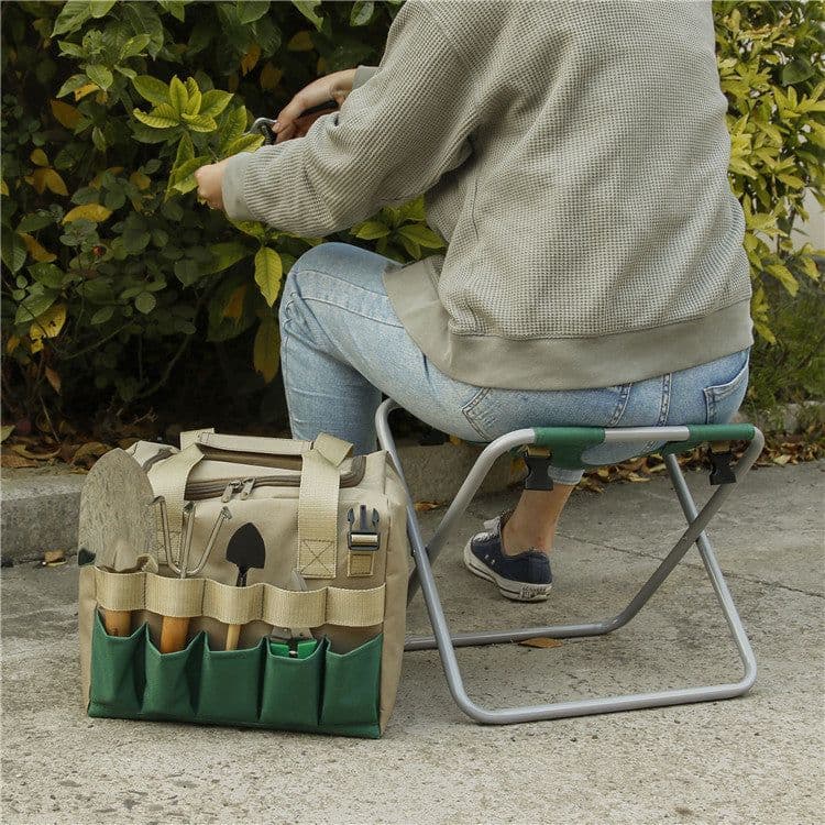 image-Gardening Stool With Tote Bag Chair Garden Tools Set Organizer, Folding Garden Seat Gardening Stool Gardening