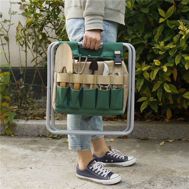 image-Gardening Stool With Tote Bag Chair Garden Tools Set Organizer, Folding Garden Seat Gardening Stool Gardening