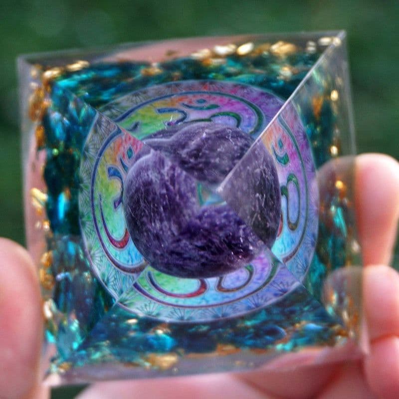 image-Orgonite Pyramid 60mm Amethyst Crystal Sphere With Obsidian Natural Cristal Stone