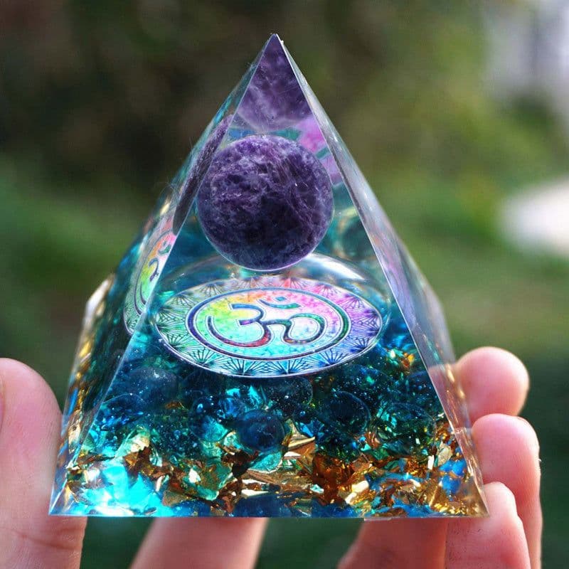 image-Orgonite Pyramid 60mm Amethyst Crystal Sphere With Obsidian Natural Cristal Stone