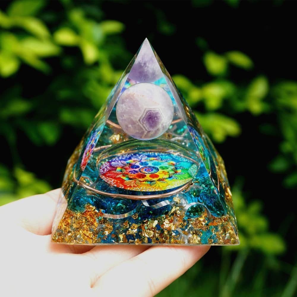 image-Handmade Amethyst Crystal Sphere Orgone Pyramid Copper Blue Quartz EMF Protection Energy Orgonite