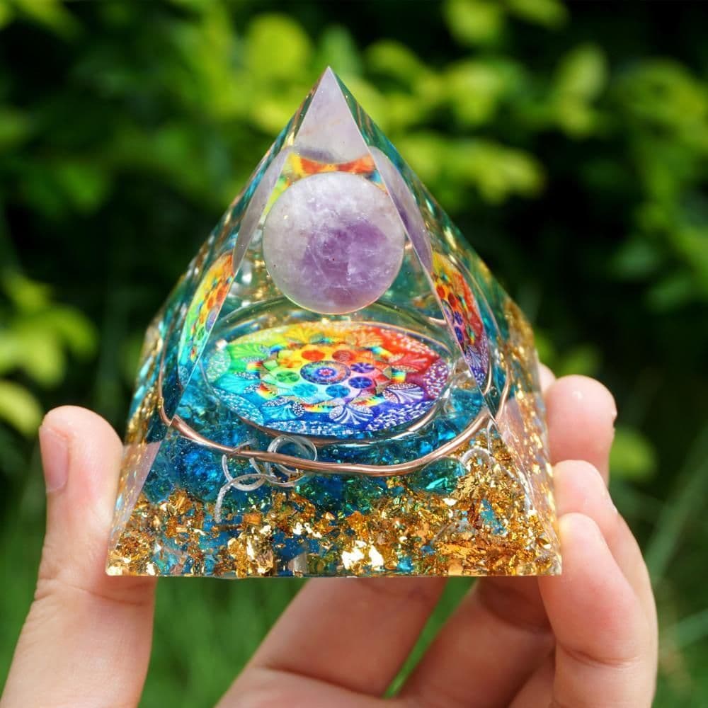 image-Handmade Amethyst Crystal Sphere Orgone Pyramid Copper Blue Quartz EMF Protection Energy Orgonite