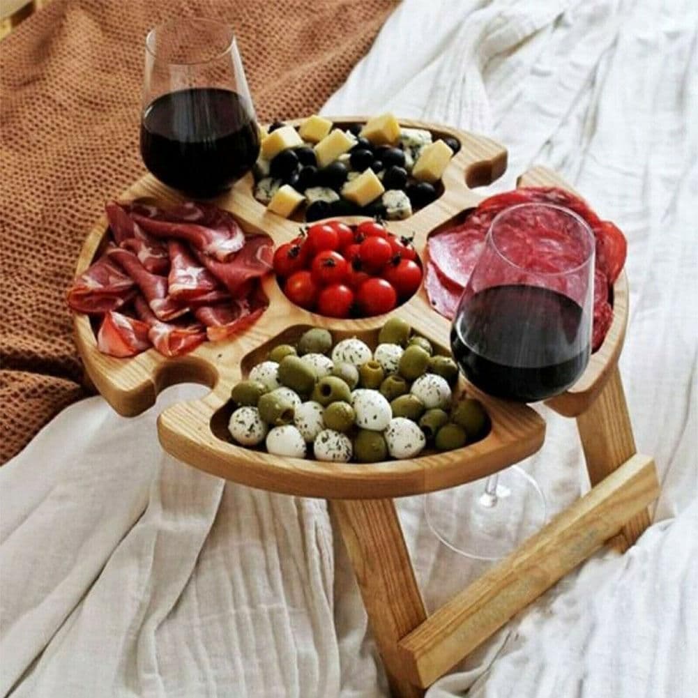 image-Wooden Outdoor Folding Picnic-table With Glass Holder 2 In 1 Wine Glass Rack Outdoor Wine Table Wooden Table Easy To Carry Wine
