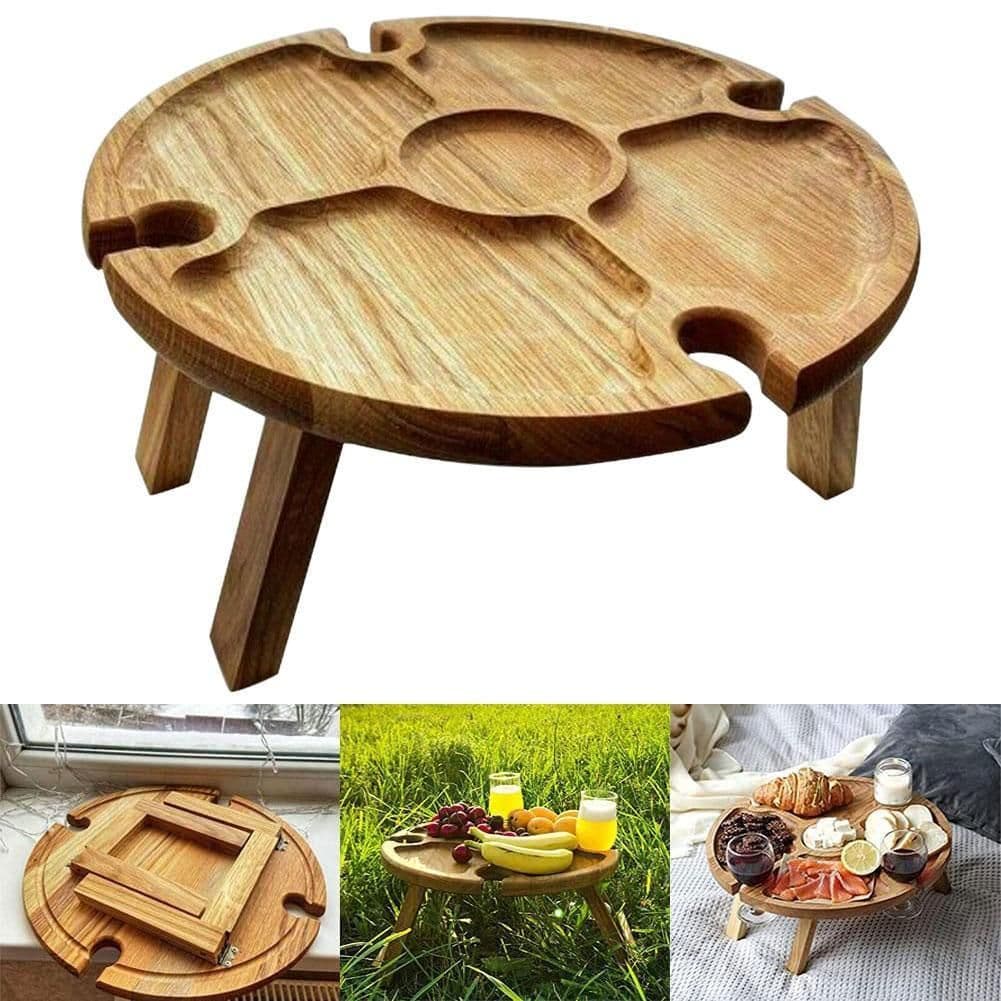 image-Wooden Outdoor Folding Picnic-table With Glass Holder 2 In 1 Wine Glass Rack Outdoor Wine Table Wooden Table Easy To Carry Wine