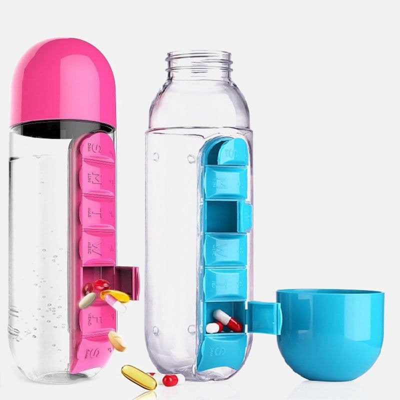 image-Water Bottle With Pillbox Plastic Drink Bottle With Medicine Pills Box Travel 7 Days Drug Organizer Drinking Container