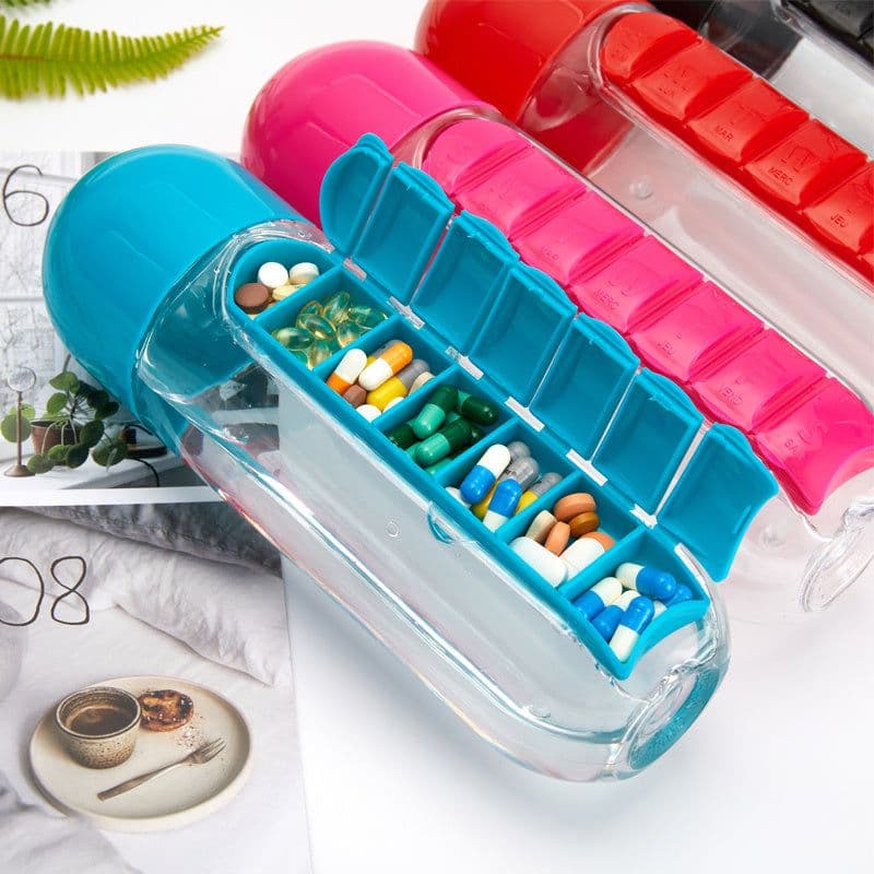 image-Water Bottle With Pillbox Plastic Drink Bottle With Medicine Pills Box Travel 7 Days Drug Organizer Drinking Container