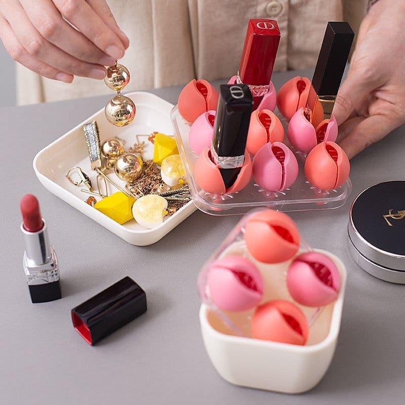 image-Creative Lipstick Storage Box Makeup Silicon Organizer Organizador Jewelry Cosmetic Display Stand Flower Seed Organiza