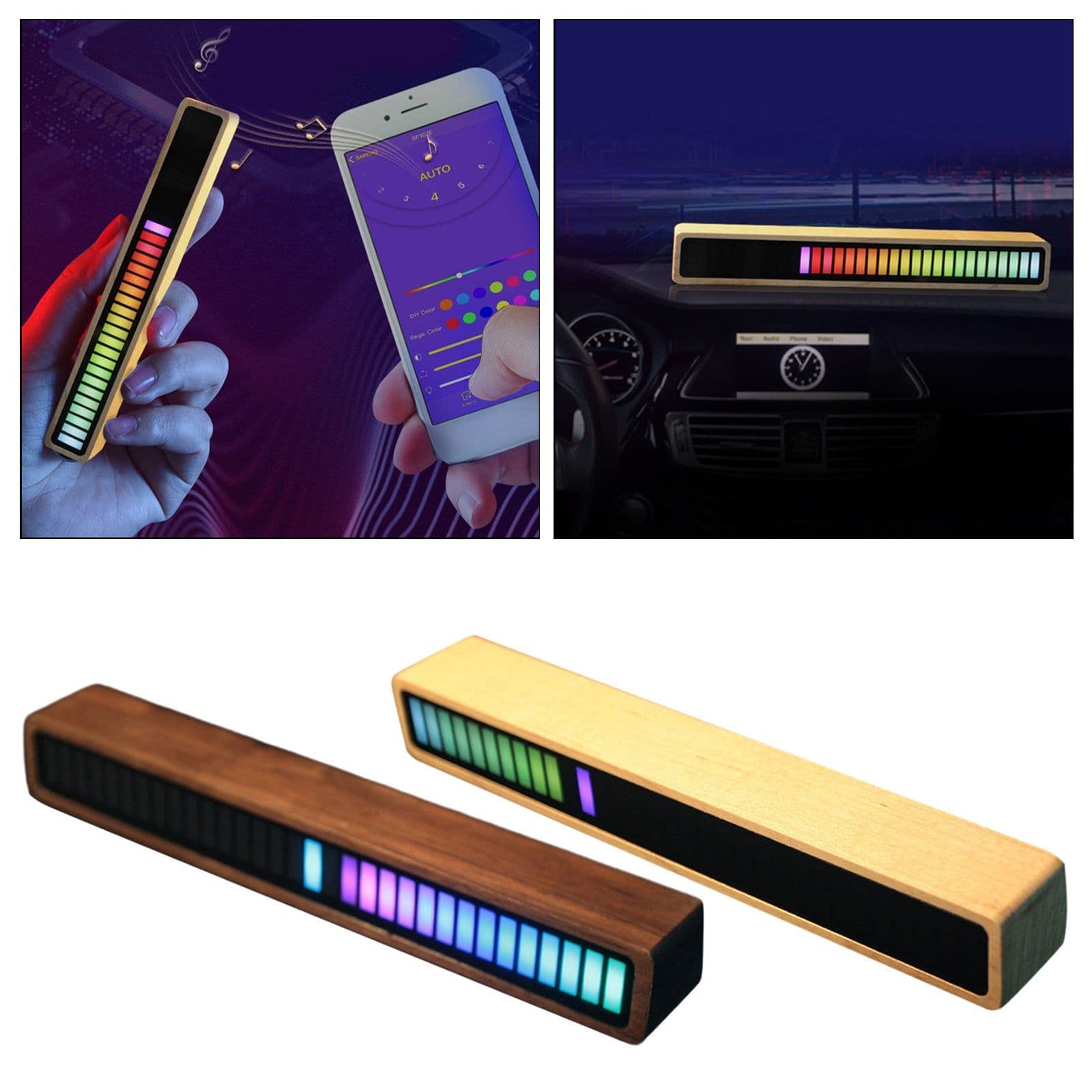 image-Solid Wood Bluetooth Voice Control Pickup Rhythm Lights Music Spectrum LED RGB Car Atmosphere Audio Level Indicator VU Meter