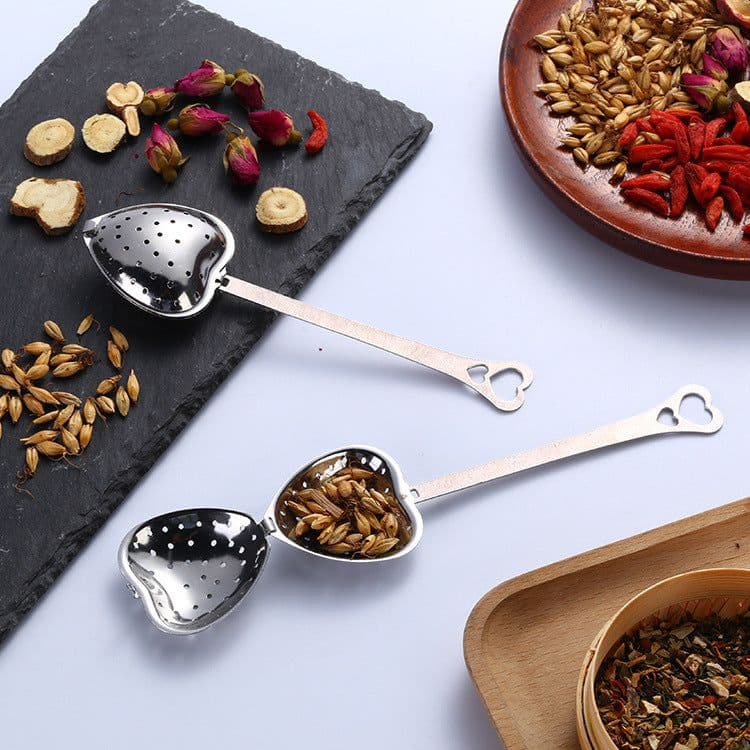 image-Stainless Steel Tea Filter With Chain Metal Herb Spice Strainer Spoon Heart Shaped Tea Infuser Seasoning Ball Teaware