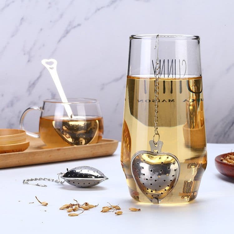image-Stainless Steel Tea Filter With Chain Metal Herb Spice Strainer Spoon Heart Shaped Tea Infuser Seasoning Ball Teaware