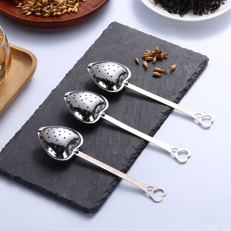 image-Stainless Steel Tea Filter With Chain Metal Herb Spice Strainer Spoon Heart Shaped Tea Infuser Seasoning Ball Teaware