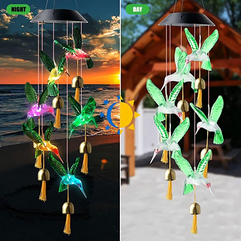 image-Color Changing Solar Power Wind Chime Crystal Ball Hummingbird Butterfly Waterproof Outdoor Windchime Light For Patio Yard Garde