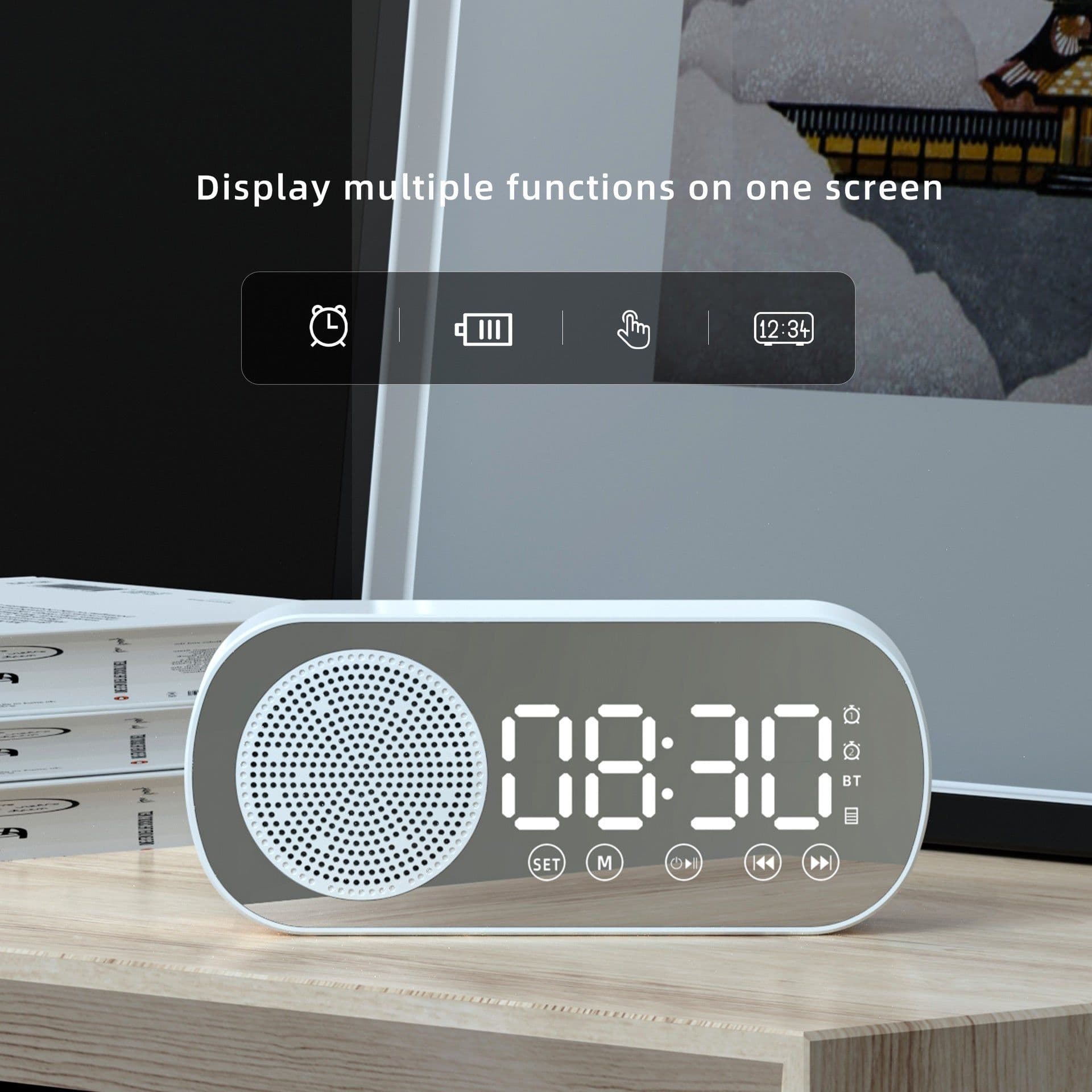 image-BT Music Alarm Clocks Mirror FM Radio LED Digital Clock 2 Alarm Snooze 24H Electronic Watch Dimming Table Phone Stand USB Clocks