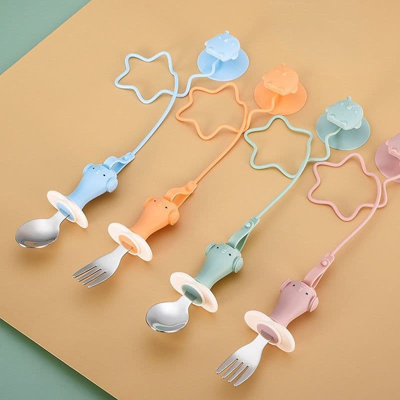 image-Infant Stainless Steel Training Spoon Fork Silicone Anti-drop Children's Spoon Suction Cup Anti-drop Chain