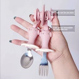 image-Infant Stainless Steel Training Spoon Fork Silicone Anti-drop Children's Spoon Suction Cup Anti-drop Chain
