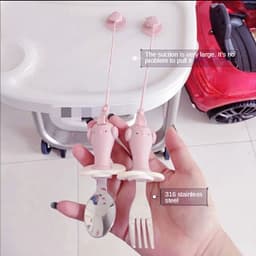 image-Infant Stainless Steel Training Spoon Fork Silicone Anti-drop Children's Spoon Suction Cup Anti-drop Chain