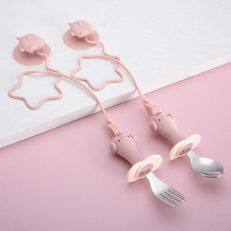 image-Infant Stainless Steel Training Spoon Fork Silicone Anti-drop Children's Spoon Suction Cup Anti-drop Chain