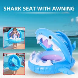 image-Inflatable Swimming Ring For Kids With Awning Shark Seat Ring Baby Float For Swimming Pool Toys Seat Removable Water Ring
