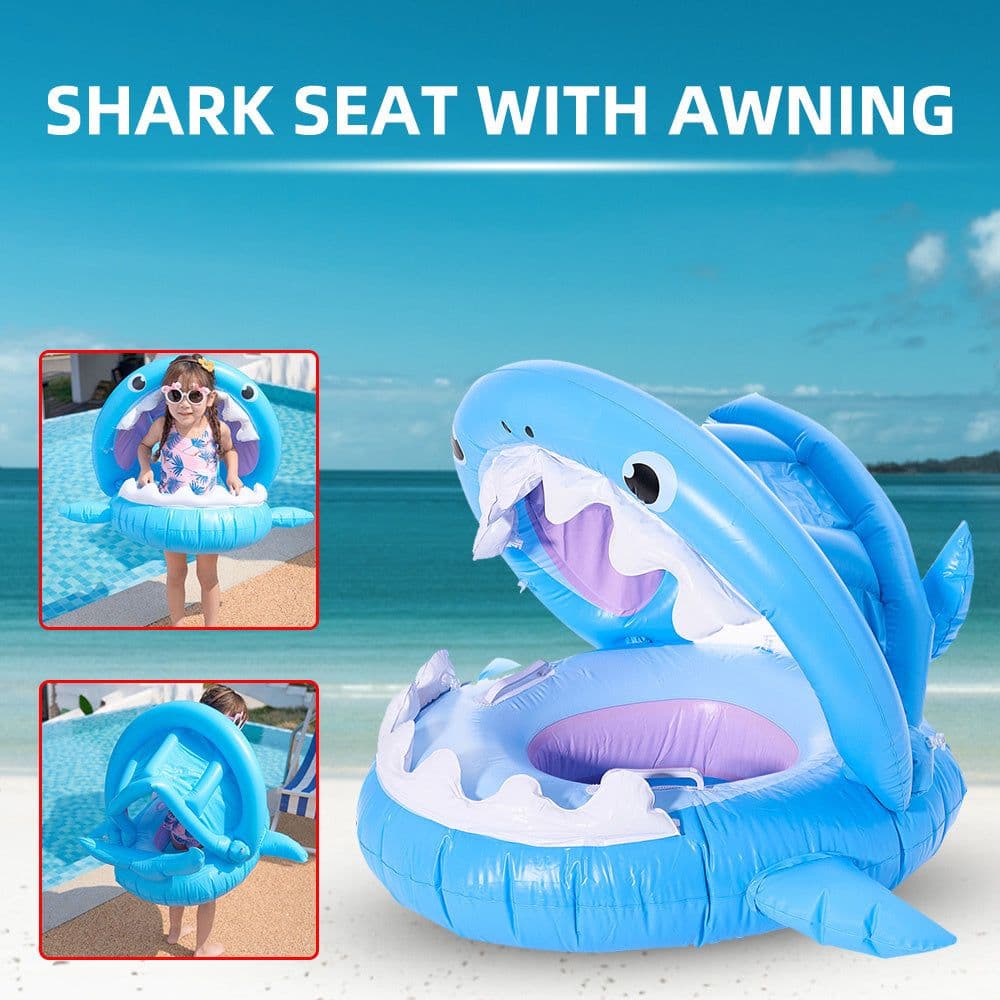 image-Inflatable Swimming Ring For Kids With Awning Shark Seat Ring Baby Float For Swimming Pool Toys Seat Removable Water Ring