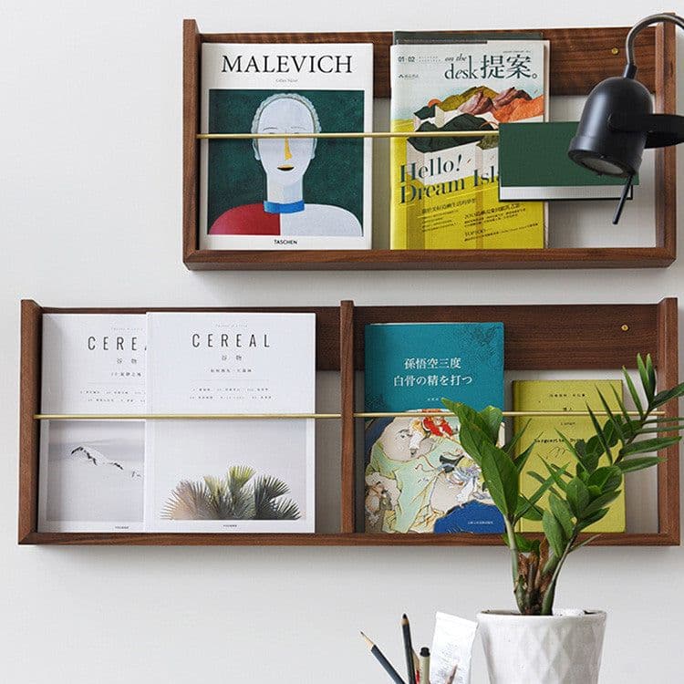 image-Walnut Brass Magazine Rack Wall Hanging Books And Newspapers