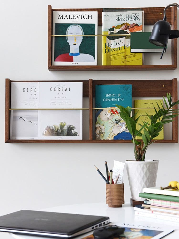 image-Walnut Brass Magazine Rack Wall Hanging Books And Newspapers