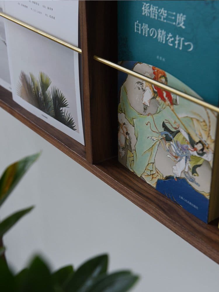 image-Walnut Brass Magazine Rack Wall Hanging Books And Newspapers