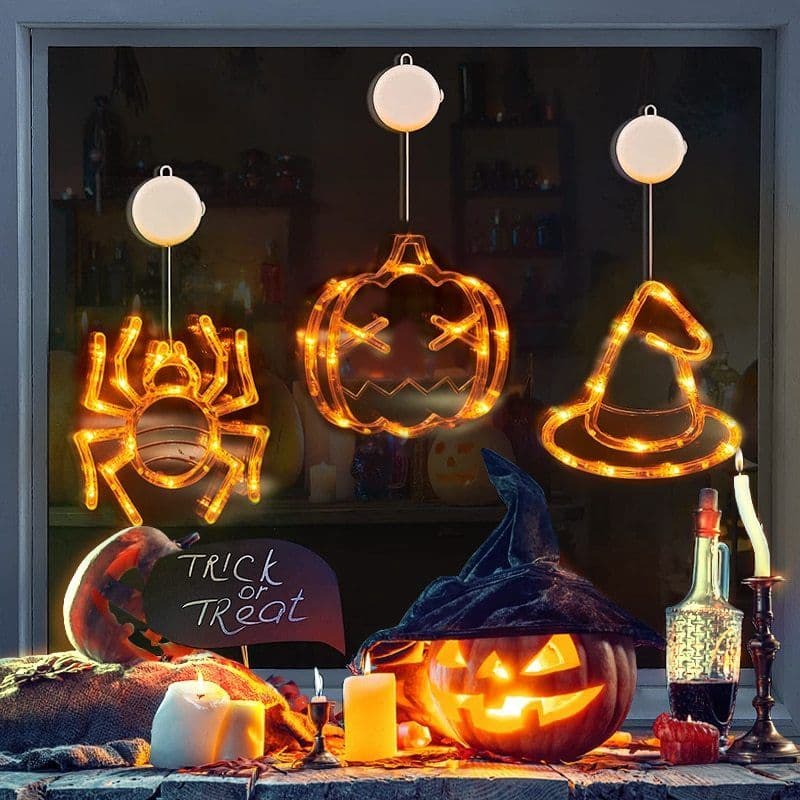 image-Halloween Window Hanging LED Lights Spider Pumpkin Hanging Ghost Horror Atmosphere Lights Holiday Party Decorative Lights Home Decor