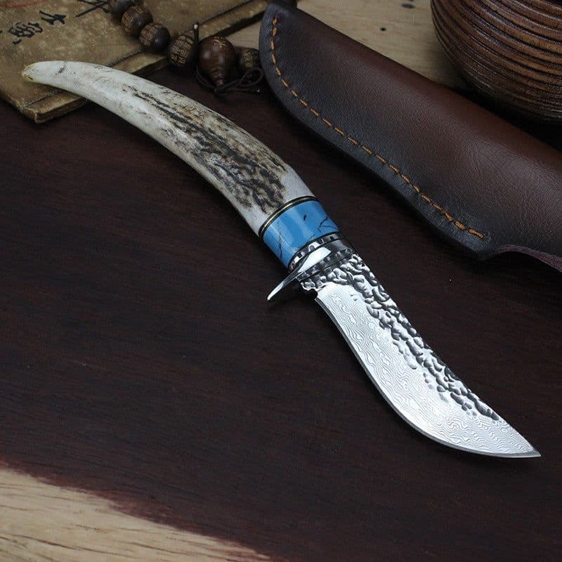 image-Outdoor Damascus Forged Hunting Knife With Non-slip Handle